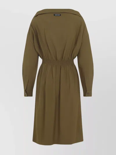 Miu Miu Long Sleeve Dress With Pockets And Elastic Waist In Brown