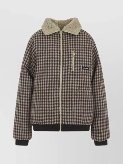 Miu Miu Checkered Long Sleeve Jacket With Shearling Collar In Blue