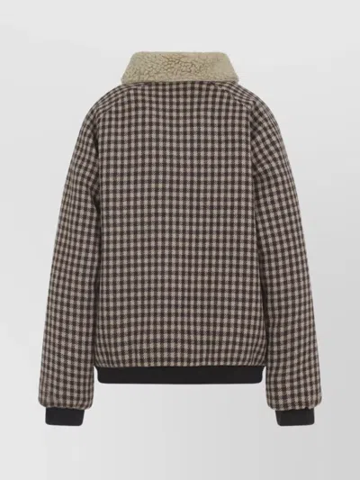 Miu Miu Checkered Long Sleeve Jacket With Shearling Collar In Blue