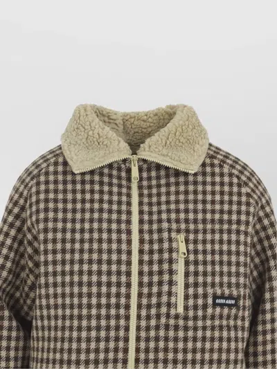 Miu Miu Checkered Long Sleeve Jacket With Shearling Collar In Blue