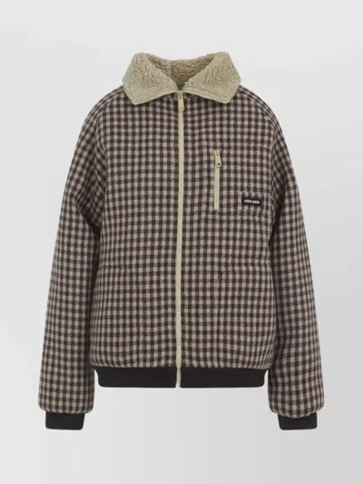 Miu Miu Checkered Long Sleeve Jacket With Shearling Collar In Blue