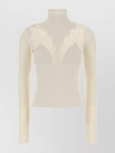 Blumarine Turtleneck Fitted Sweater Lace Detailing In Yellow