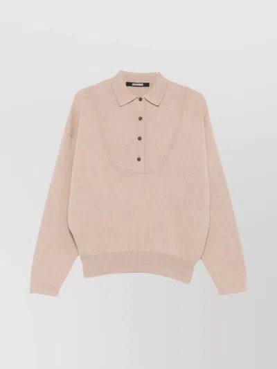 Jacquemus Polo Collar Knitwear With Ribbed Cuffs And Hem In Neutral