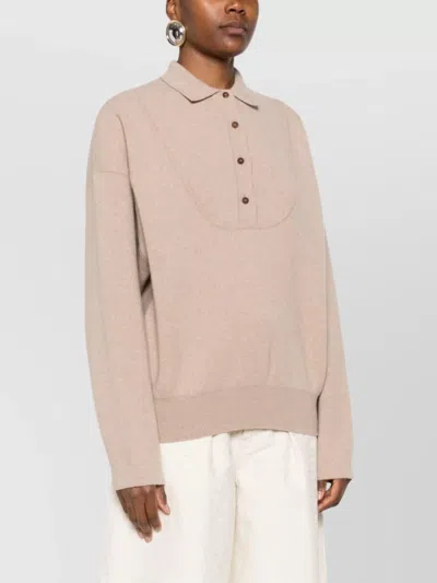 Jacquemus Polo Collar Knitwear With Ribbed Cuffs And Hem In Neutral