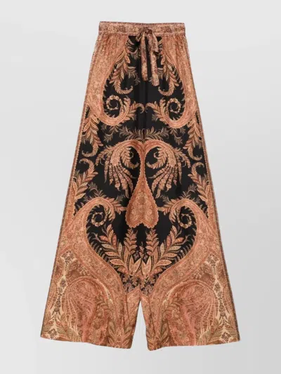 Zimmermann Wide-leg Trousers With Intricate Baroque Print And Adjustable Waistband In Black