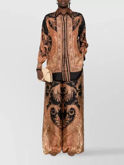 Zimmermann Wide-leg Trousers With Intricate Baroque Print And Adjustable Waistband In Black