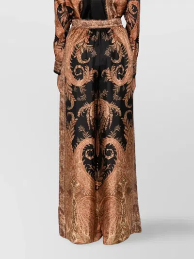 Zimmermann Wide-leg Trousers With Intricate Baroque Print And Adjustable Waistband In Black