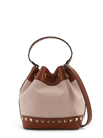 Valentino Garavani Rockstud Spike Canvas And Leather Shoulder Bag In Brown