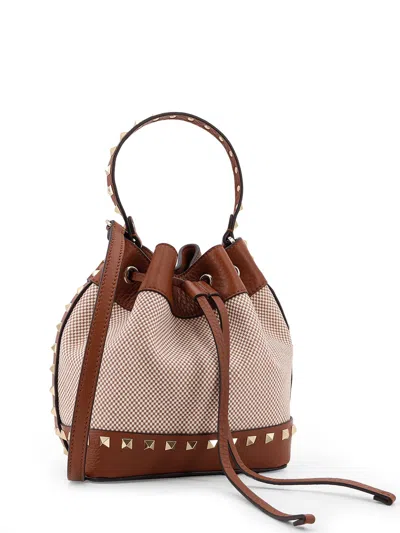Valentino Garavani Rockstud Spike Canvas And Leather Shoulder Bag In Brown