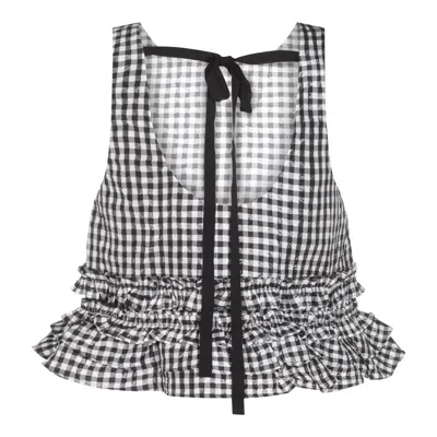 Ganni Crinkled Taffeta Check Open Back Frill Top In Black