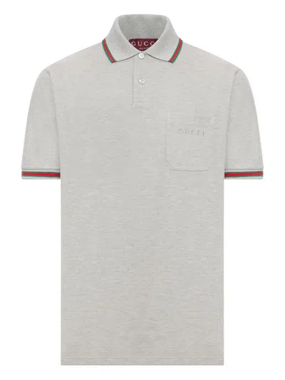 Gucci Grey Polo Shirt With Web Details And Logo Lettering On The Front In Wool Blend Man In Gray