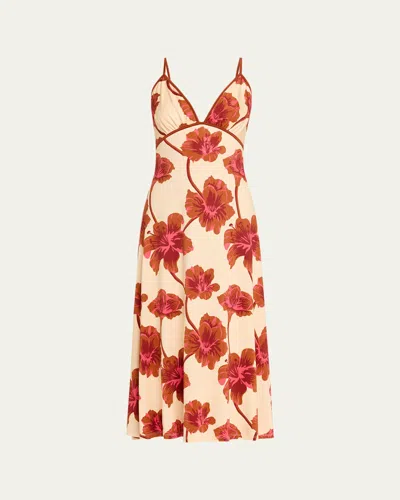 Johanna Ortiz Sendero De Astromelias Floral-print Satin Maxi Dress In Burgundy