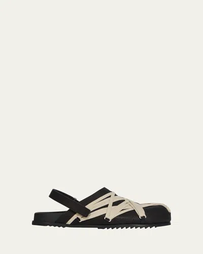 Rick Owens Black Mules With Oversize Decorative Laces And Buckle Closure In Leather Man In Animal Print