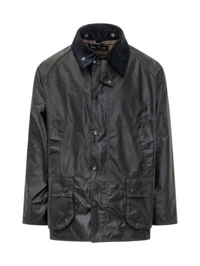 Barbour Waxed Jacket With Pockets And Velvet Collar In Black