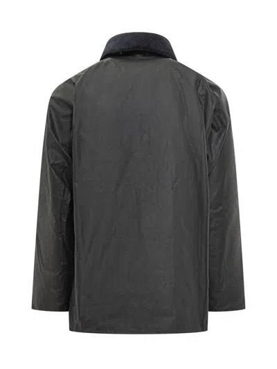 Barbour Waxed Jacket With Pockets And Velvet Collar In Black
