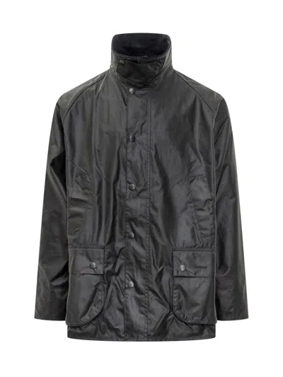 Barbour Waxed Jacket With Pockets And Velvet Collar In Black