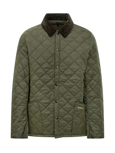 Barbour Heritage Liddesdale Green Jacket With Classic Corduroy Collar And Logo Lettering On The Front In Tec