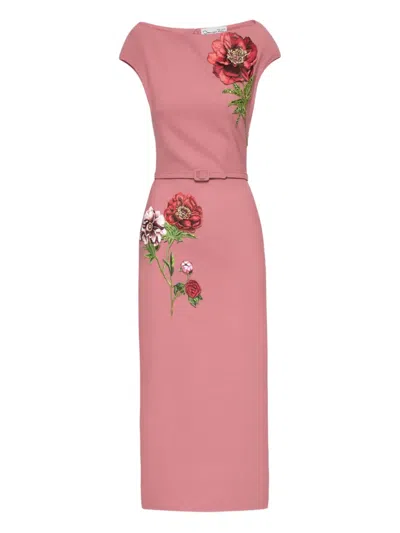 Oscar De La Renta Floral Embroidered Short Sleeve Dress In Pink