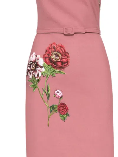 Oscar De La Renta Floral Embroidered Short Sleeve Dress In Pink