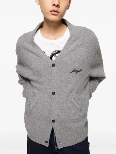 Acne Studios Relaxed-fit V-neck Cardigan With Button-down Front And Embroidered Detailing In Gray