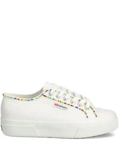 Superga 2740 White Multi Color Beaded Canvas Platform Sneakers In White
