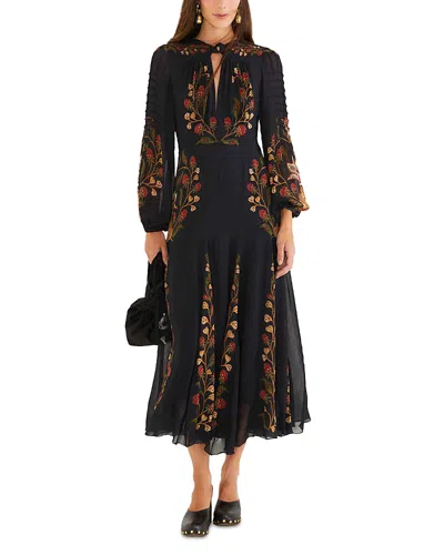 Farm Rio Berry Garden Belted Floral-print Crepe De Chine Midi Dress In Black