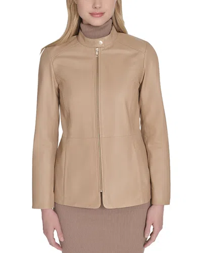 Cole Haan Stand Collar Leather Jacket In Brown