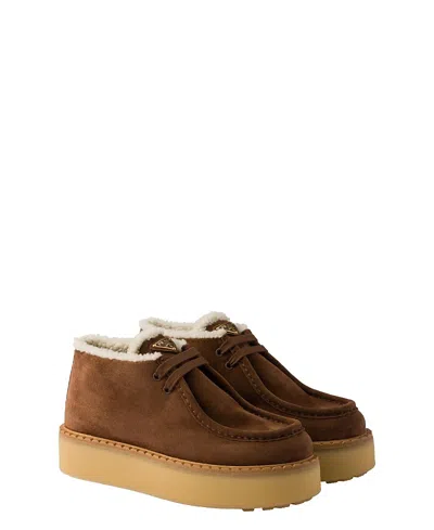 Prada Suede Chukka Boots With Shearling Lining And 5 Cm Sole Height In Brown