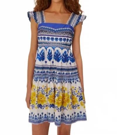 Farm Rio Zuli Organic Cotton Mini Dress In Off-white In Blue