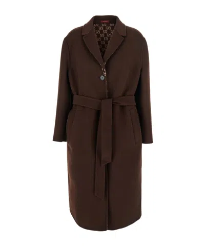 Gucci Brown Reversible Double-breasted Coat With Notched Revers And Belt In Wool Woman In Brown