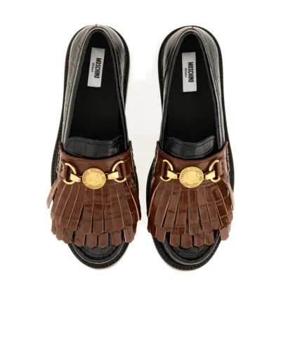 Moschino Textured Round Toe Loafers Fringe In Black