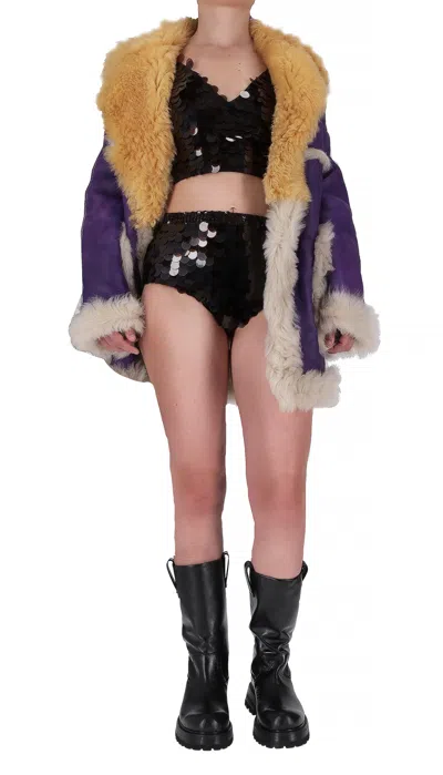 Prada Two-tone Coat With Faux Fur Trim In Purple
