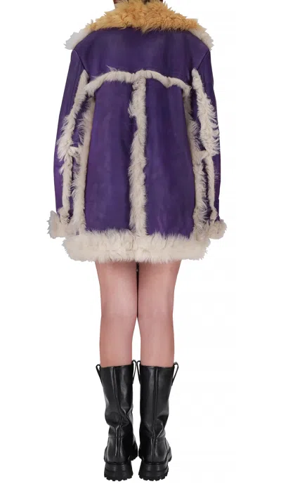 Prada Two-tone Coat With Faux Fur Trim In Purple
