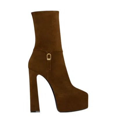 Saint Laurent Nico 155 Suede Platform Ankle Boots In Brown