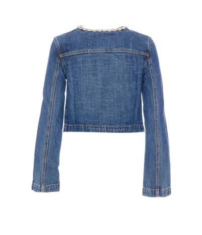 Self-portrait Cropped Denim Jacket With Crystal Chain Trims In Blue
