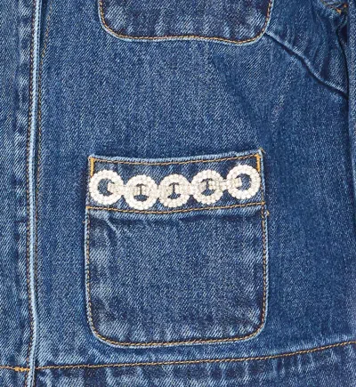 Self-portrait Cropped Denim Jacket With Crystal Chain Trims In Blue