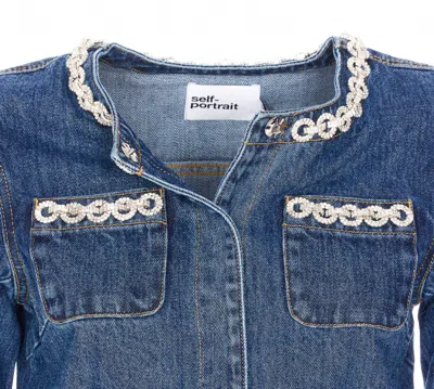 Self-portrait Cropped Denim Jacket With Crystal Chain Trims In Blue