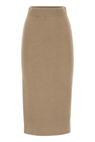 Peserico Fitted Long Skirt In Textured Knit Wool In Brown