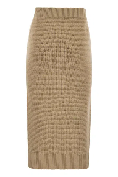 Peserico Fitted Long Skirt In Textured Knit Wool In Brown