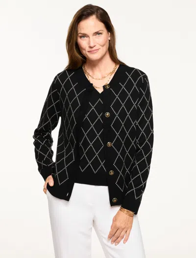 Talbots Petite - Crewneck Cardigan Sweater - Bias Plaid - Black/ivory - Large  In Multi