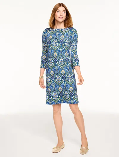 Talbots Plus Size - Effortless Jersey Button Shoulder Shift Dress - Botanical Medallion - Azure Blue/green F