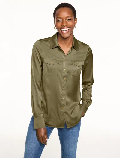 Talbots Plus Size - Soft Satin Charmeuse Shirt - Burnt Olive - 3x  In Brown