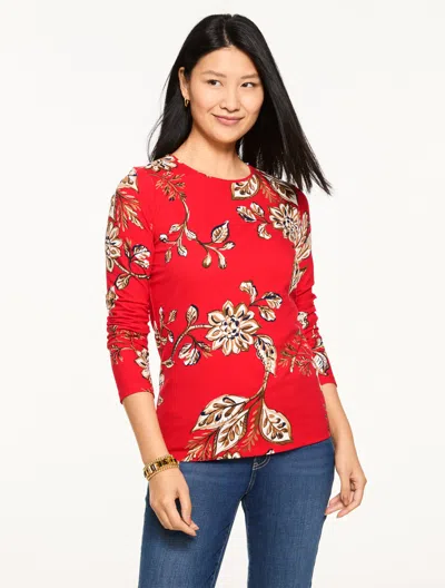 Talbots Plus Size - Long Sleeve Crewneck T-shirt - Symphony Floral - Bright Red - 3x  In Red
