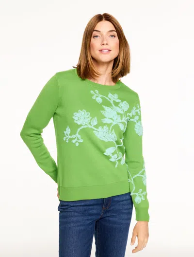 Talbots Plus Size - Crewneck Sweater Pullover - Placed Floral - Green Fern - 2x - 100% Cotton