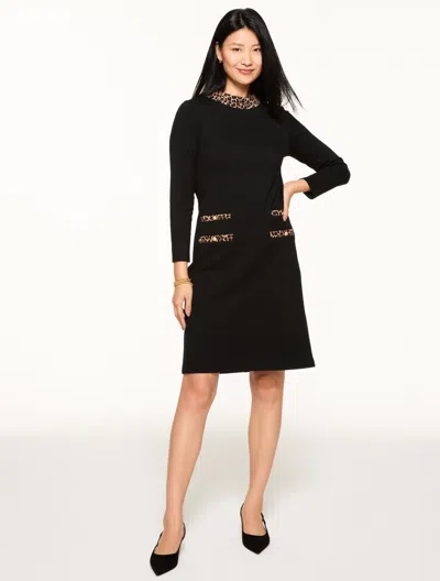 Talbots Petite - Leopard Trim A-line Ponte Dress - Black - 4  In Black