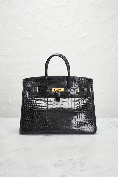 Pre-owned Hermes Shiny Porosus Crocodile Birkin 35 Handbag In Black
