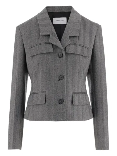 Ferragamo Herringbone-pattern Flap-pocket Blazer In Gray