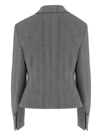 Ferragamo Herringbone-pattern Flap-pocket Blazer In Gray