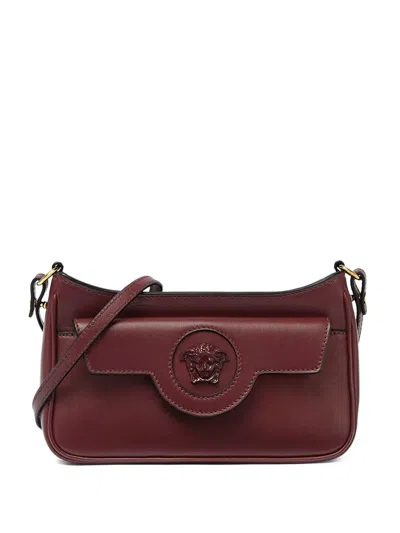 Versace Small La Medusa Leather Shoulder Bag In Burgundy