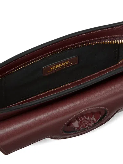 Versace Small La Medusa Leather Shoulder Bag In Burgundy
